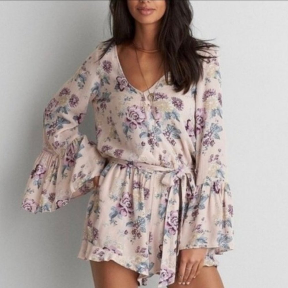 American Eagle Pink Floral Long Bell Sleeve Romper